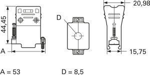 D-Sub connector housing, size: 3 (DB), straight 180°, angled 90°, cable Ø 8.5 mm, plastic, gray, 5206472-1
