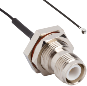Coaxial Cable, TNC jack (straight) to AMC plug (angled), 50 Ω, 1.13 mm micro cable, grommet black, 150 mm, 336212-12-0150