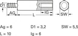 Hexagonal spacer bolt, External/Internal Thread, M3, 10 mm, brass