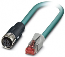 Network cable, RJ45 plug, straight to M12 socket, straight, Cat 5, SF/UTP, PUR, 1 m, blue