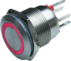 Pushbutton, 2 pole, silver, illuminated  (red), 0.05 A/24 V, mounting Ø 19.2 mm, IP66, MPI002/28/RD