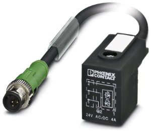 Sensor actuator cable, M12-cable plug, straight to valve connector DIN shape B, 3 pole, 0.6 m, PUR, black, 4 A, 1435292