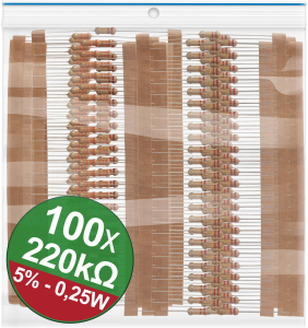 Carbon Film Resistor, 220 kΩ, 0.25 W, ±5 %, Bag with 100 pieces