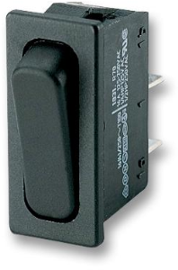 Rocker switch, black, 1 pole, Off-(On), pushbutton (Form A (N/O)), 4 A/250 VAC, IP40, unlit, unprinted
