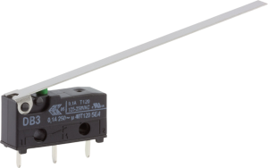 Subminiature snap-action switch, On-On, PCB connection, long hinge lever, 0.18 N, 0.1 A/250 VAC, IP50