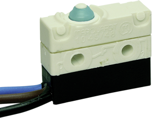Subminiature snap-action switch, On-On, stranded wires, pin plunger, 2.6 N, 3 (3) A/250 VAC, IP67