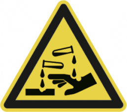 Warning sign, symbol: corrosive substances, Ø 100 mm, plastic, 028.01-9-100-W1
