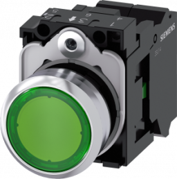 Pushbutton, green, illuminated  (green), mounting Ø 22.3 mm, IP20/IP66/IP67/IP69/IP69K, 3SU1153-0AB40-3BA0