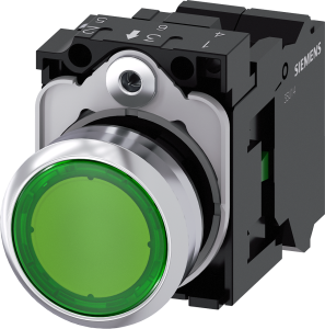 Pushbutton, green, illuminated  (green), mounting Ø 22.3 mm, IP20/IP66/IP67/IP69/IP69K, 3SU1152-0AB40-3BA0