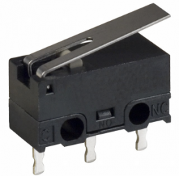 Subminiature snap-action switch, On-Off, PCB connection, hinge lever, 1.47 N, 3 A/125 VAC, 2A/30 VDC, IP40