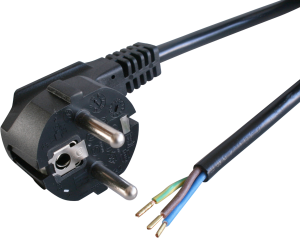 Connection line, Europe, plug type E + F, angled on open end, H05VV-F3G1.5mm², black, 2 m
