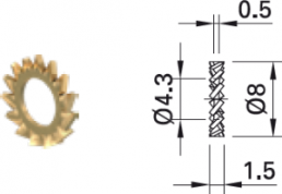 Serrated lock washer, M4, H 1.5 mm, inner Ø 4.3 mm, outer Ø 8 mm, spring bronze, DIN 6798, 22.6533