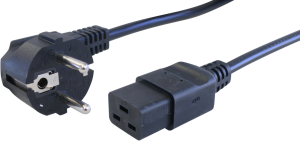 Device connection line, Europe, plug type E + F, angled on C19 jack, straight, H05Z1Z1-F3G1.5mm², black, 3 m