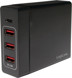 USB desktop charger, Euro plug to USB-C socket, 3x USB-A socket, 10.2 A, black