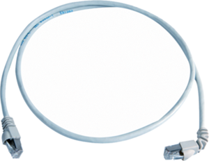 Patch cable, RJ45 plug, straight to RJ45 plug, angled, Cat 6A, S/FTP, PVC, 10 m, gray