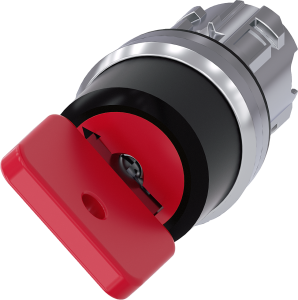Key switch O.M.R, unlit, latching, waistband round, red, 90°, trigger position 0 + 1, mounting Ø 22.3 mm, 3SU1050-4FF11-0AA0