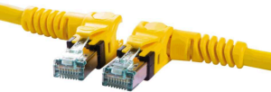 Patch cable, RJ45 plug, angled to RJ45 plug, angled, Cat 6A, S/FTP, PUR, 0.8 m, yellow