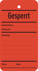 Package tag, text: "Gesperrt", (W) 65 mm, plastic, 088.23