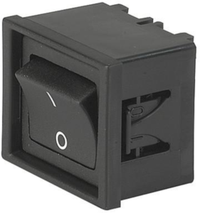 Rocker switch, black, 2 pole, On-Off, off switch, 15 A/125 VAC, 10 A/250 VAC, IP40, unlit, printed