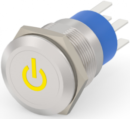 Switch, 2 pole, silver, illuminated  (yellow), 5 A/250 VAC, mounting Ø 19.2 mm, IP67, 6-2213766-9