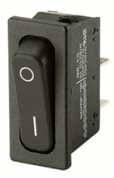 Rocker switch, black, 1 pole, On-Off, off switch, 20 (4) A/250 VAC, 10 (8) A/250 VAC, IP40, unlit, printed