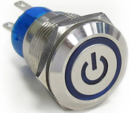Pushbutton, 2 pole, silver, illuminated  (blue), 5 A/250 V, mounting Ø 19.2 mm, IP67, 5-2213766-7