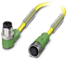 Sensor actuator cable, M12-cable plug, angled to M12-cable socket, straight, 4 pole, 1.5 m, PUR/PVC, yellow, 4 A, 1696112