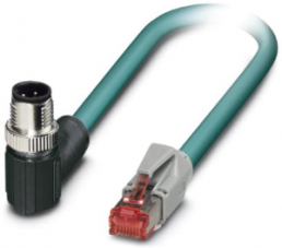 Network cable, M12-plug, angled to RJ45 plug, straight, Cat 5, SF/UTP, PUR, 0.5 m, blue