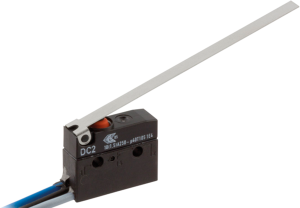 Subminiature snap-action switch, On-On, stranded wires, long hinge lever, 3.4 N, 10 (1.5) A/250 VAC, IP67