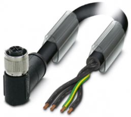 Sensor actuator cable, M12-cable socket, angled to open end, 4 pole, 1 m, PUR, black, 12 A, 1408848