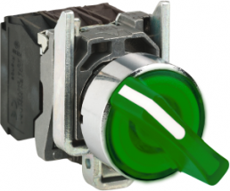 Selector switch, illuminable, latching, 1 Form A (N/O) + 1 Form B (N/C), waistband round, green, front ring silver, 2 x 90°, mounting Ø 22 mm, XB4BK123B5
