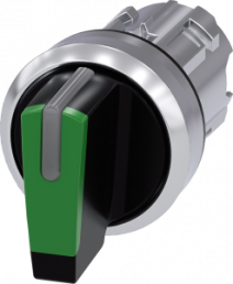 Toggle switch, illuminable, latching/groping, waistband round, green, front ring silver, 2 x 45°, mounting Ø 22.3 mm, 3SU1052-2BN40-0AA0