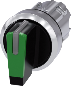 Toggle switch, illuminable, groping, waistband round, green, front ring silver, 2 x 45°, mounting Ø 22.3 mm, 3SU1052-2BM40-0AA0