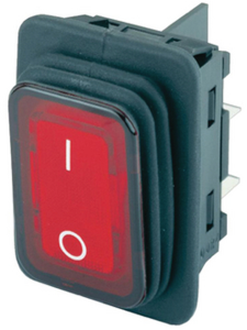 Rocker switch, red, 2 pole, On-Off, off switch, 16.1 (8) A/250 VAC 5E4, 20 (10) A/250 VAC, 16 (16) A/127 VAC, IP65, illuminated, printed