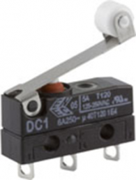 Subminiature snap-action switch, On-On, solder connection, roller lever, 0.8 N, 6 A/250 VAC, IP67