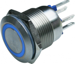 Pushbutton, 2 pole, silver, illuminated  (blue), 0.05 A/24 V, mounting Ø 19.2 mm, IP66, MPI002/28/BL