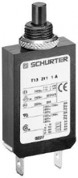 Circuit breaker, 1 pole, T characteristic, 20 A, 28 V (DC), 240 V (AC), faston plug 6.3 x 0.8 mm, threaded fastening, IP40