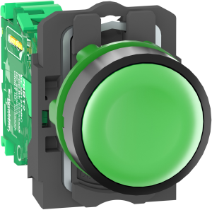 Pushbutton with transmitter, groping, waistband round, green, front ring black, mounting Ø 22 mm, ZB5RTA3