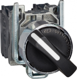 Selector switch, unlit, latching, waistband round, black, front ring silver, 2 x 90°, mounting Ø 22 mm, XB4BD21