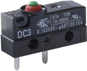 Subminiature snap-action switch, PCB connection, 2 N, 0.1 A/250 VAC, IP67