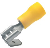 Insulated flat plug sleeve, 6.3 x 0.8 mm, 4.0 to 6.0 mm², AWG 12 to 10, brass, tin-plated, yellow, 750AZ