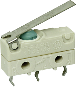 Subminiature snap-action switch, On-On, PCB connection, hinge lever, 0.9 N, 6 (1) A/250 VAC, IP67