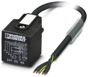 Sensor actuator cable, valve connector DIN shape A to open end, 5 pole, 1.5 m, PVC, black, 4 A, 1415945