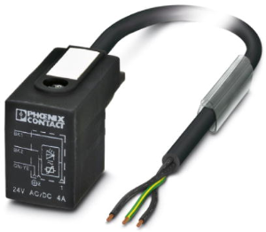 Sensor actuator cable, valve connector DIN shape B to open end, 3 pole, 3 m, PUR, black, 4 A, 1443190
