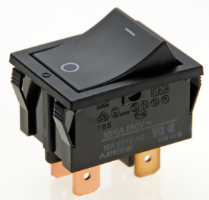 Rocker switch, black, 2 pole, On-Off, off switch, 16 A/125 VAC, 10 A/250 VAC, IP40, unlit, printed
