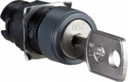 Key switch, unlit, latching, waistband round, front ring black, trigger position 0 + 1, mounting Ø 16 mm, ZB6AGC