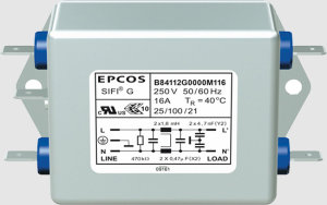 EMC filter, 50 to 60 Hz, 10 A, 250 V (DC), 250 VAC, 1.8 mH, faston plug 6.3 mm, B84112G0000B110