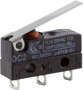 Subminiature snap-action switch, On-On, solder connection, hinge lever, 1.2 N, 10 A/125 VAC, IP67