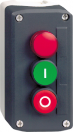 Surface mount housing, 2 pushbutton green/red, 1 indicator lamp red, 1 Form A (N/O) + 1 Form B (N/C), XALD363G