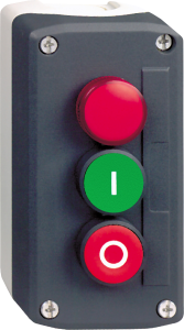 Surface mount housing, 2 pushbutton green/red, 1 indicator lamp red, 1 Form A (N/O) + 1 Form B (N/C), XALD363B